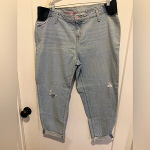 Isabel Maternity Straight Jeans Size 12 Side Panels Distressed Faded Blue